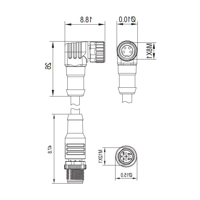 M8 4Pin female 90° turn M12 4Pin male straight, double end precast slag proof PUR flexible cable, orange sheath, 63T281-XXX